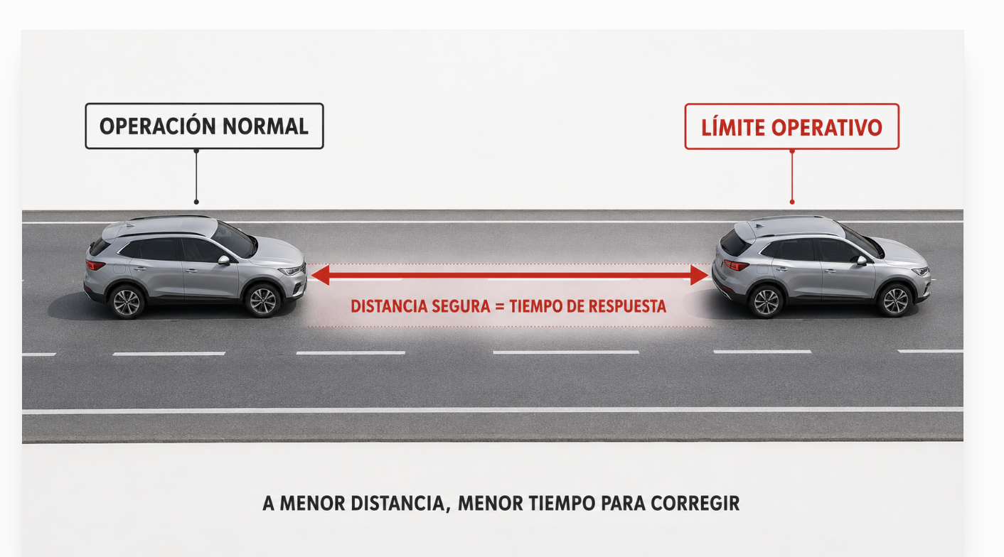 Distancia segura igual a tiempo de respuesta: a menor distancia entre la operación normal y el límite operativo, menor tiempo para corregir
