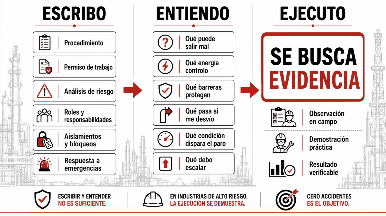 Marco Escribo, Entiendo, Ejecuto: escribir y entender no es suficiente, en industrias de alto riesgo la ejecución se demuestra buscando evidencia